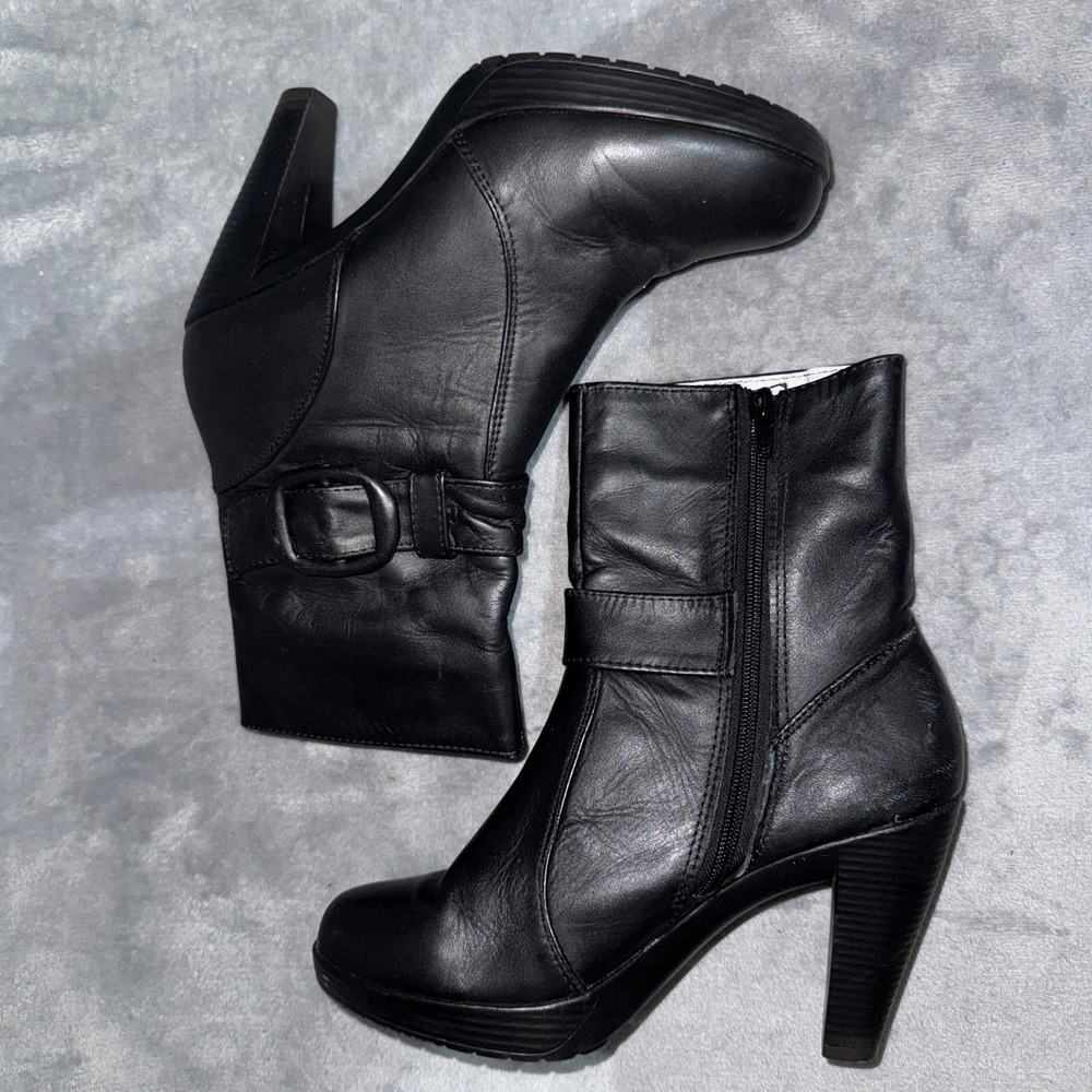 BRA Womens Platform Buckle Ankle Boots 37 Black Leather Side Zip Block Heel